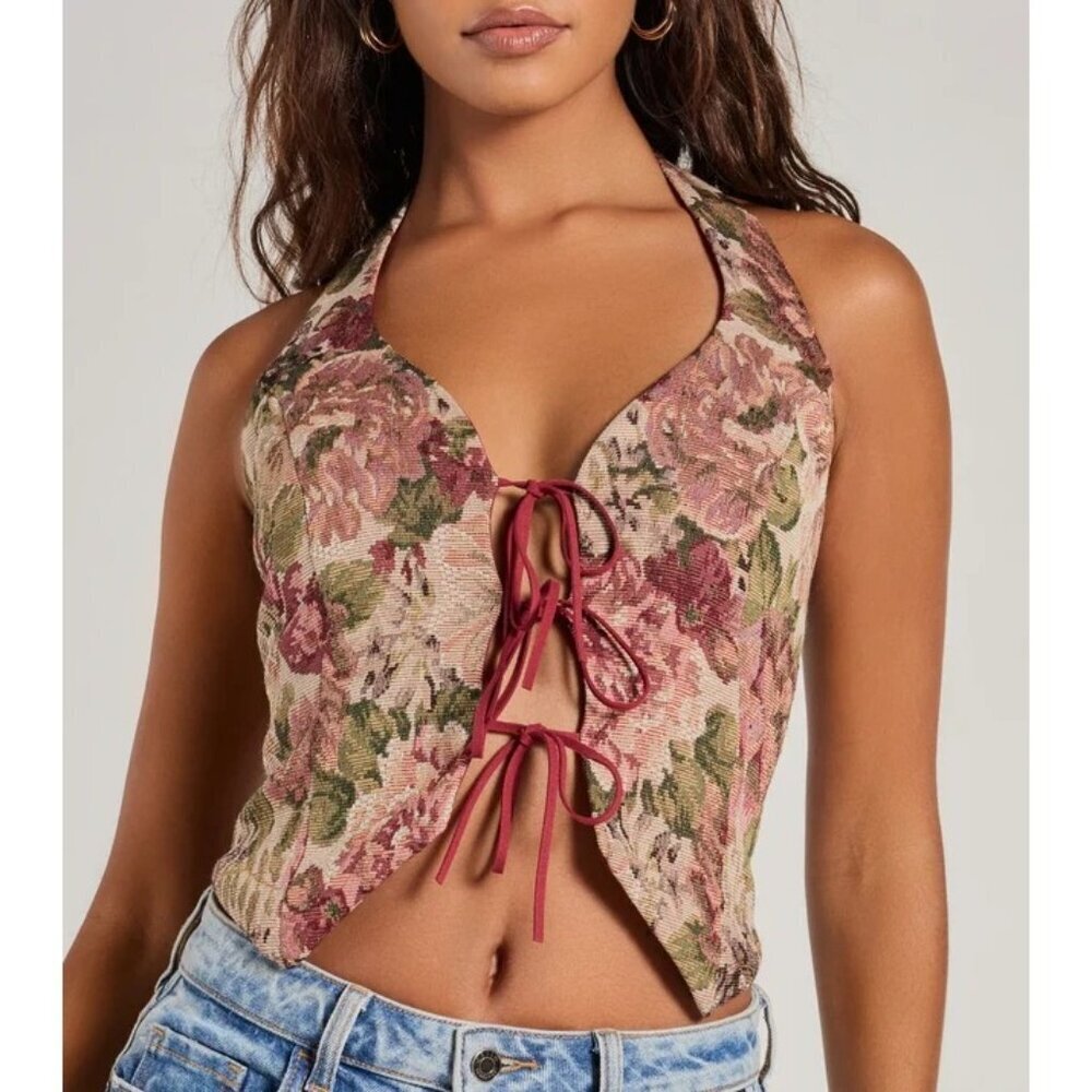 NEW Windsor Adore You Floral Tapestry Lace Up Vest XS Fairy Ren Faire Medieval - Picture 1 of 10